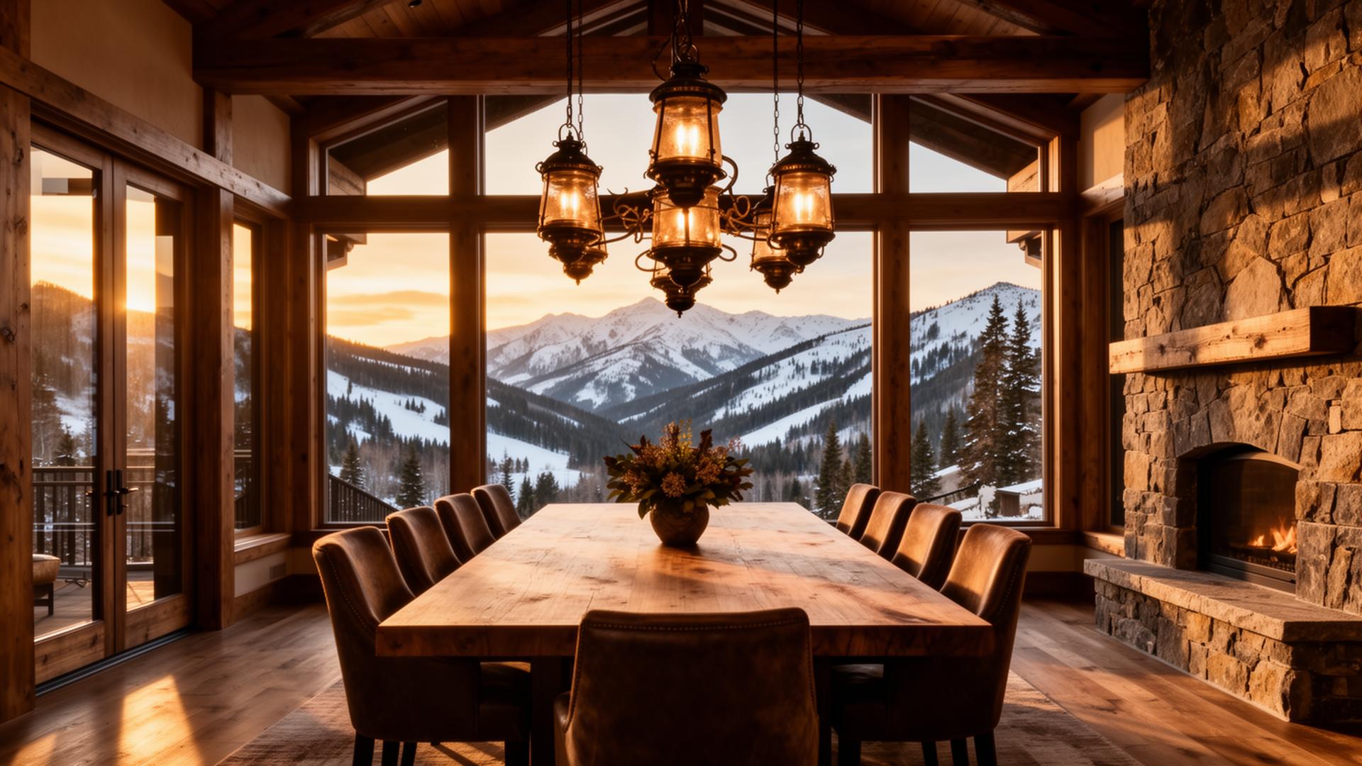 Dining room with vintage lanterns overlooking the Elk Mountains at golden hour
