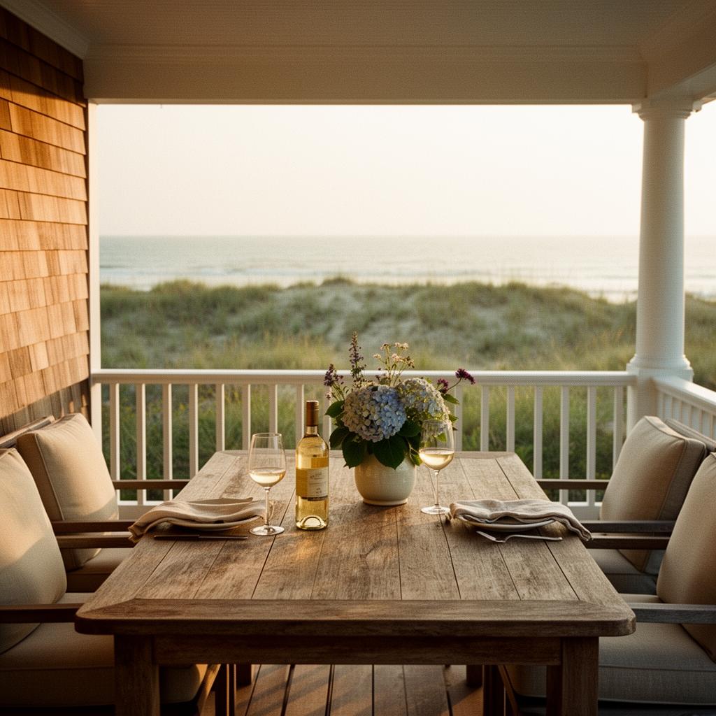 View from the back porch of Ashford Shore, weathered teak chairs framing dune grass and the Atlantic beyond