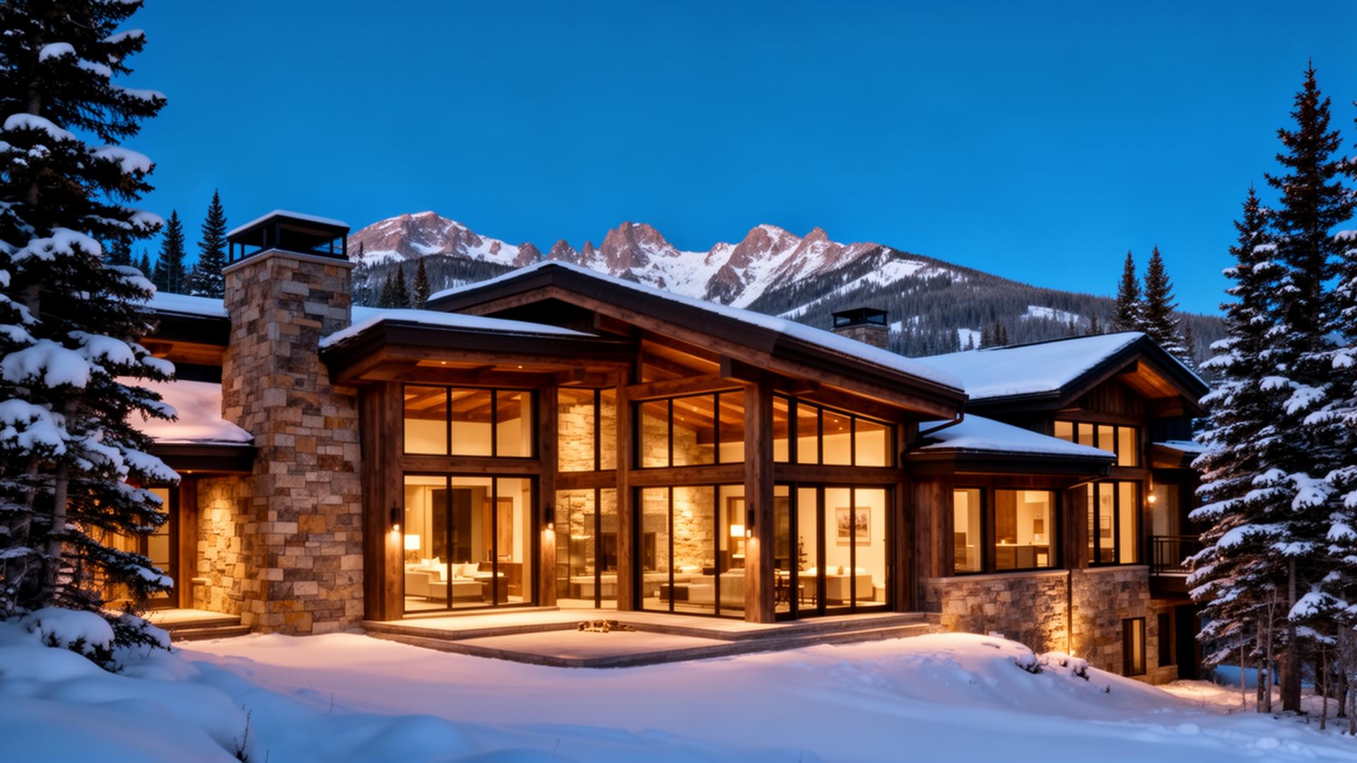 Whitmore Summit House exterior at dusk under the Rocky Mountains