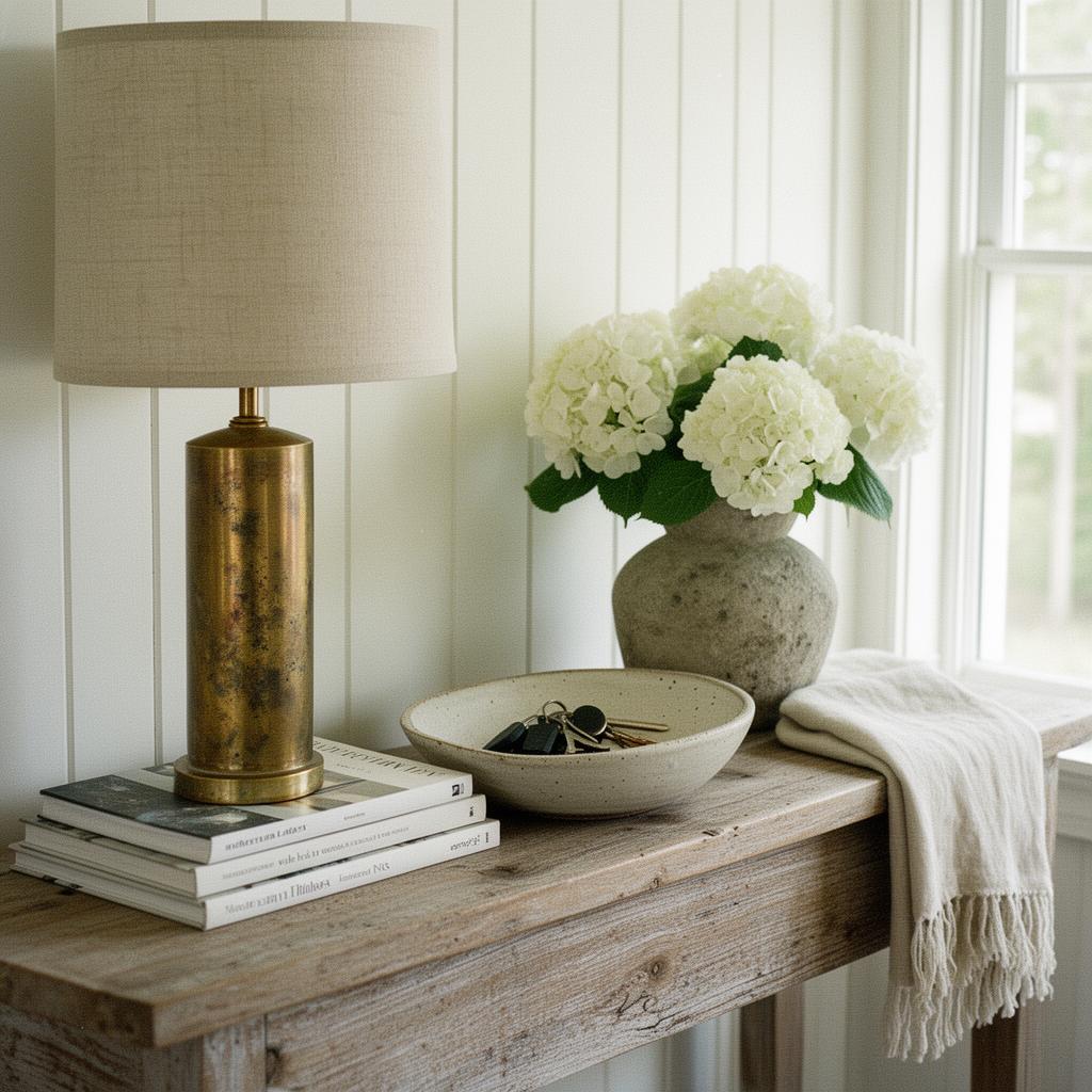 Entryway vignette inside Ashford Shore — weathered oak console with brass lamp, art books, ceramic bowl with keys, and white hydrangeas