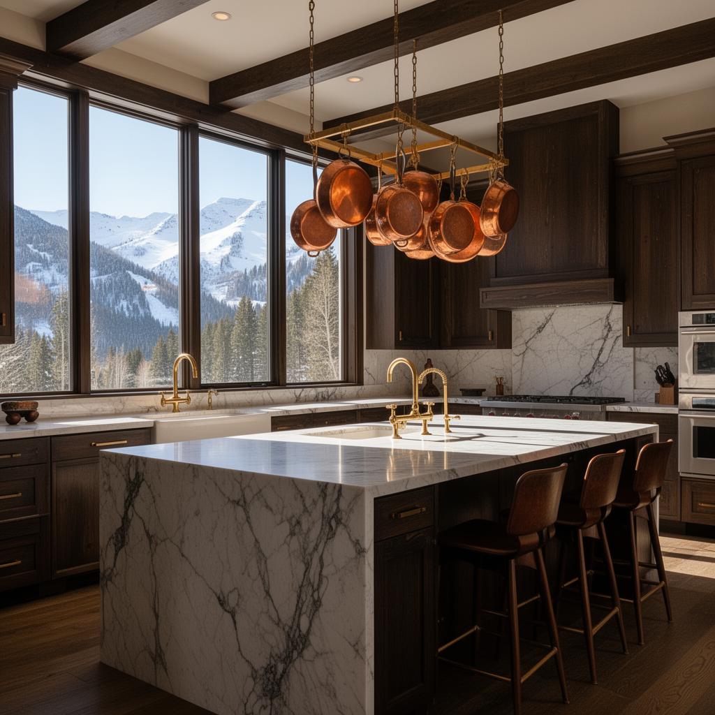 Marble island kitchen with copper pots and mountain views