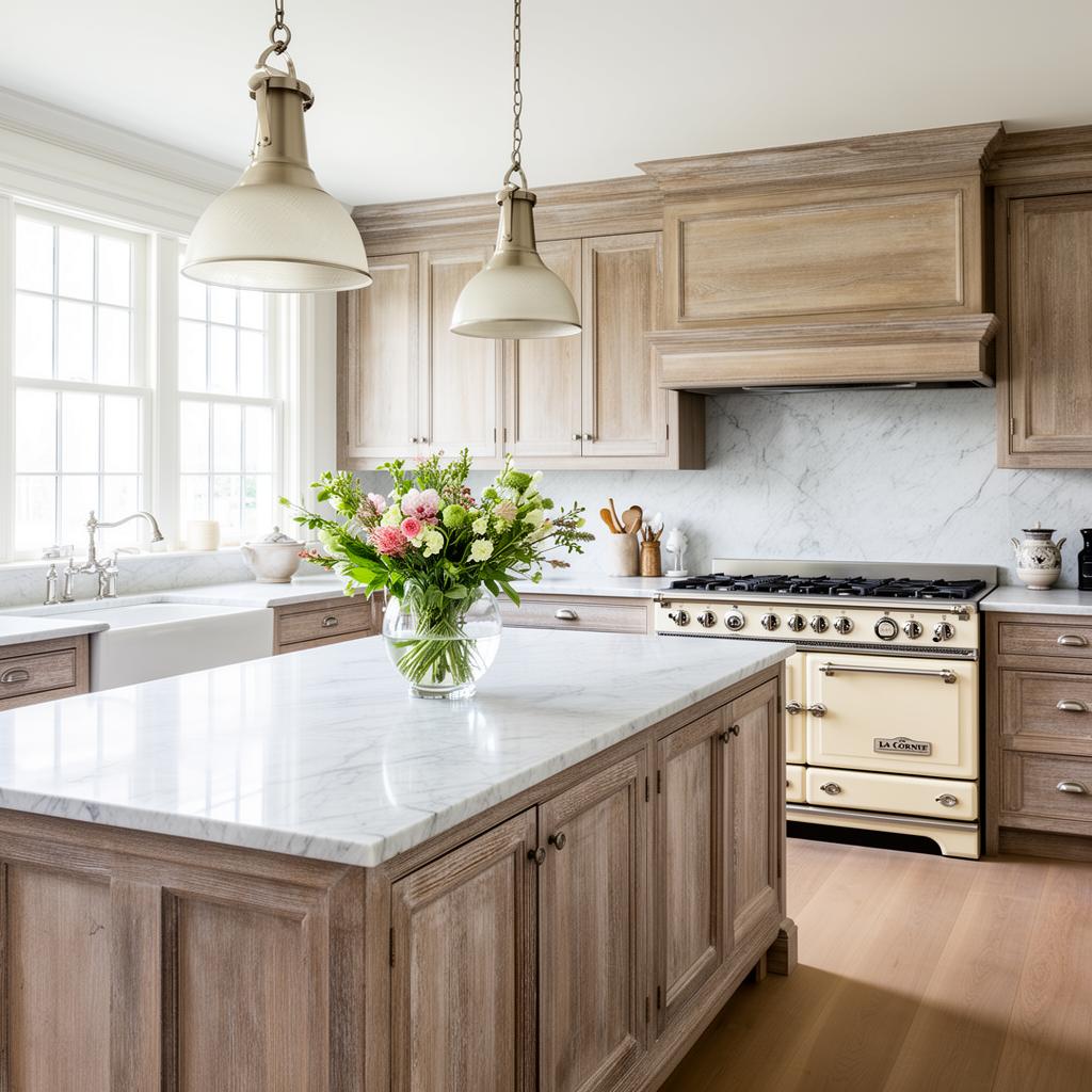 Chef's kitchen with marble island and La Cornue range
