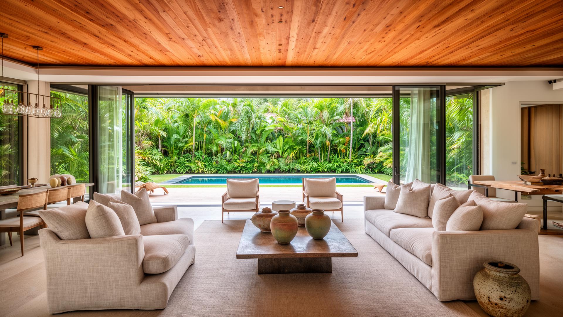 Open-plan great room opening to the lanai and pool