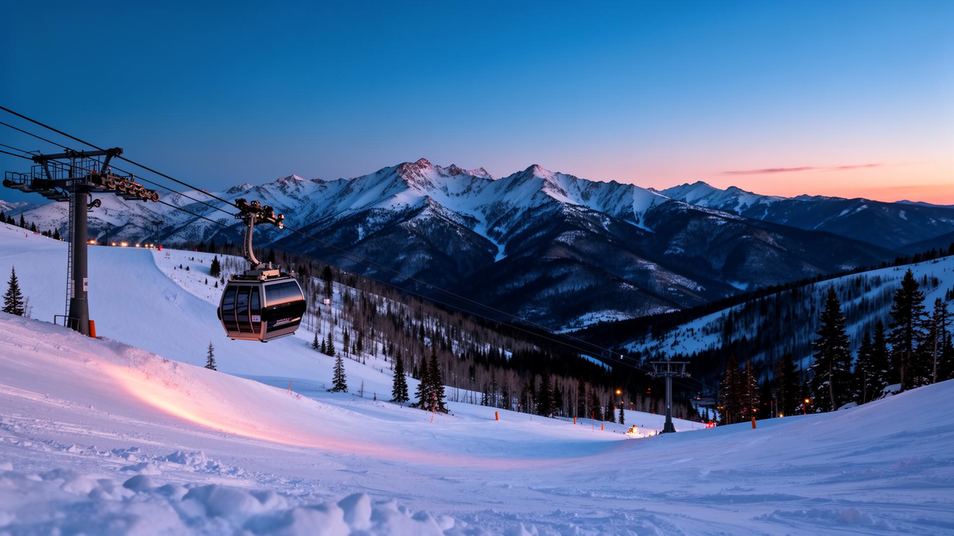 Aspen Mountain at first light, gondola rising over fresh powder