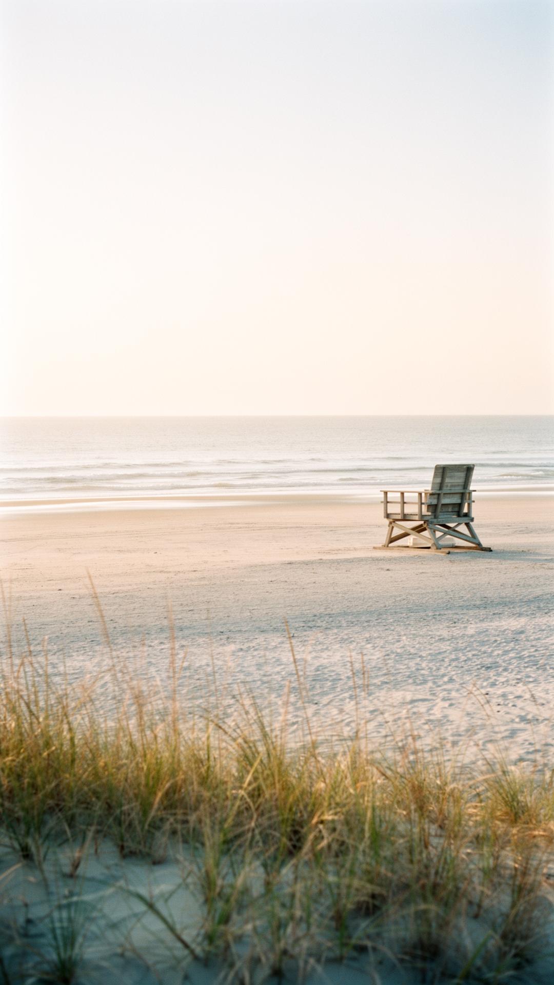 East Hampton ocean beach at golden hour with dune grass and a weathered lifeguard chair