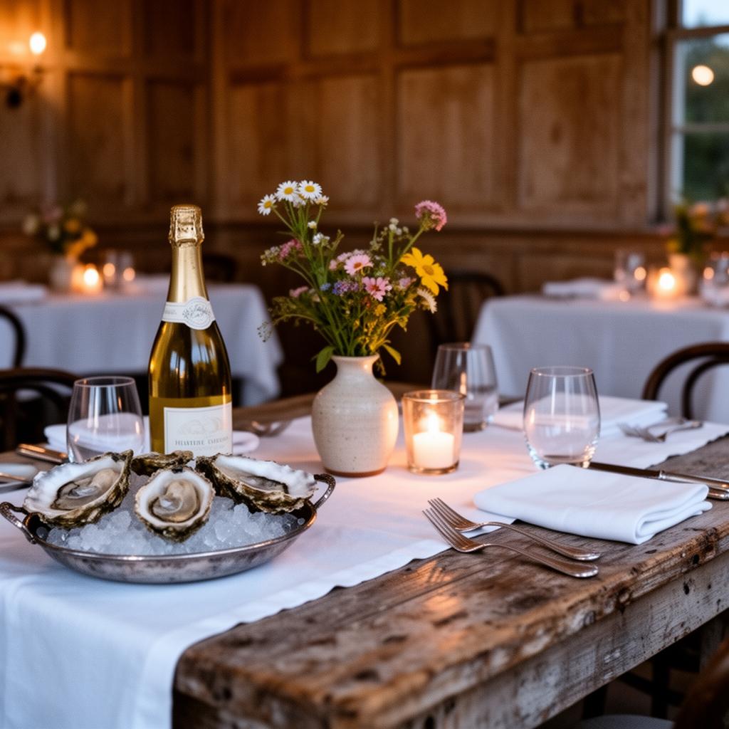 Candlelit Hamptons restaurant table with oysters, wine and wildflowers