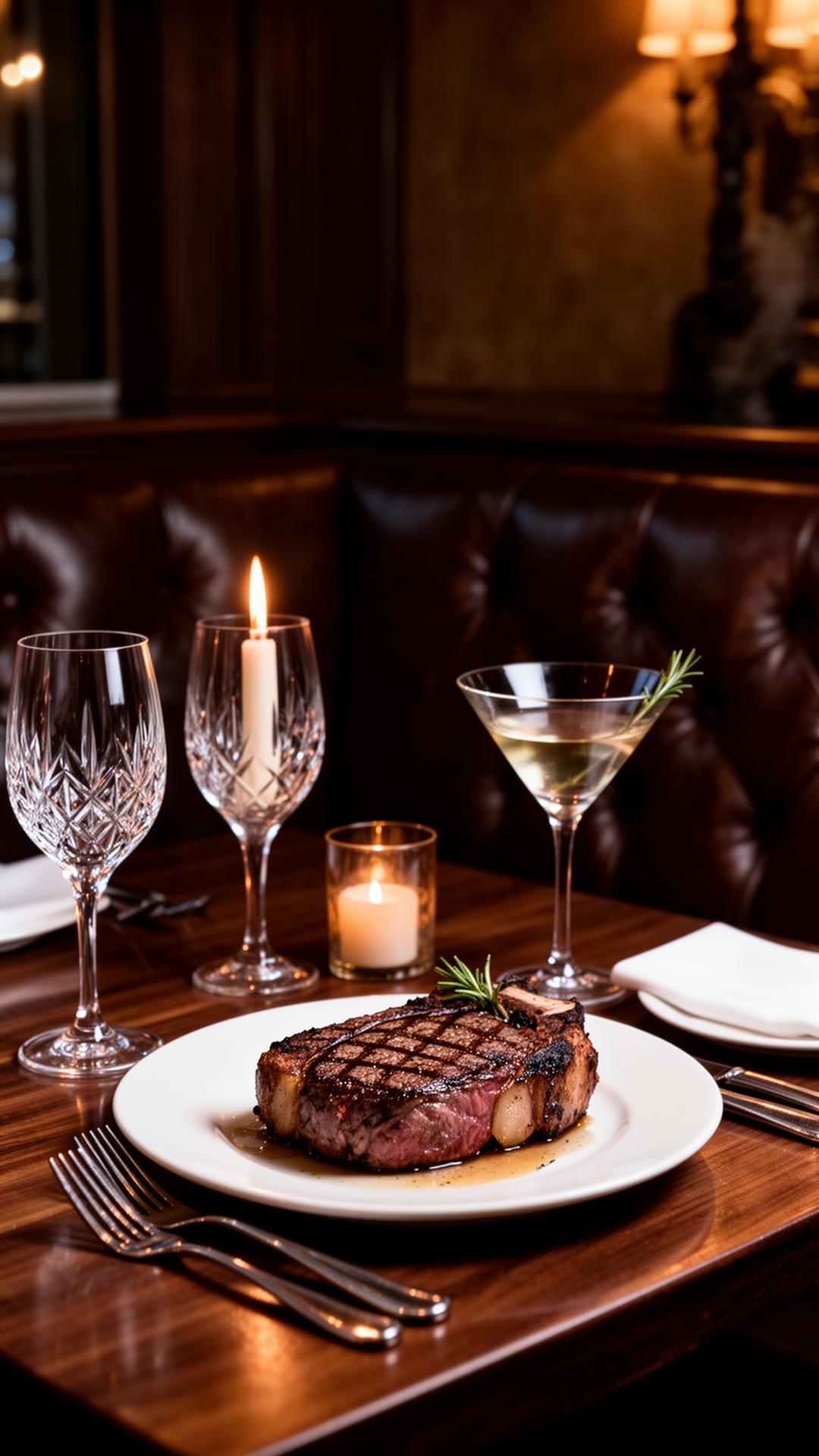 Candlelit dry-aged steak and martini in a leather banquette