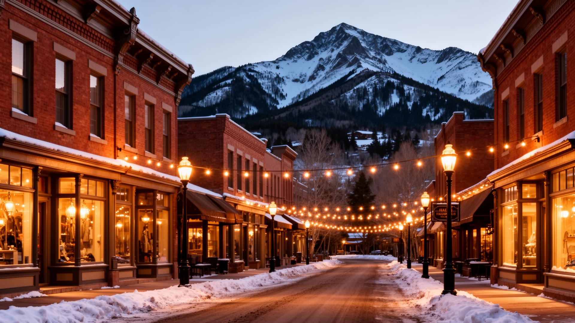 Historic brick storefronts on a snow-dusted Aspen street at dusk