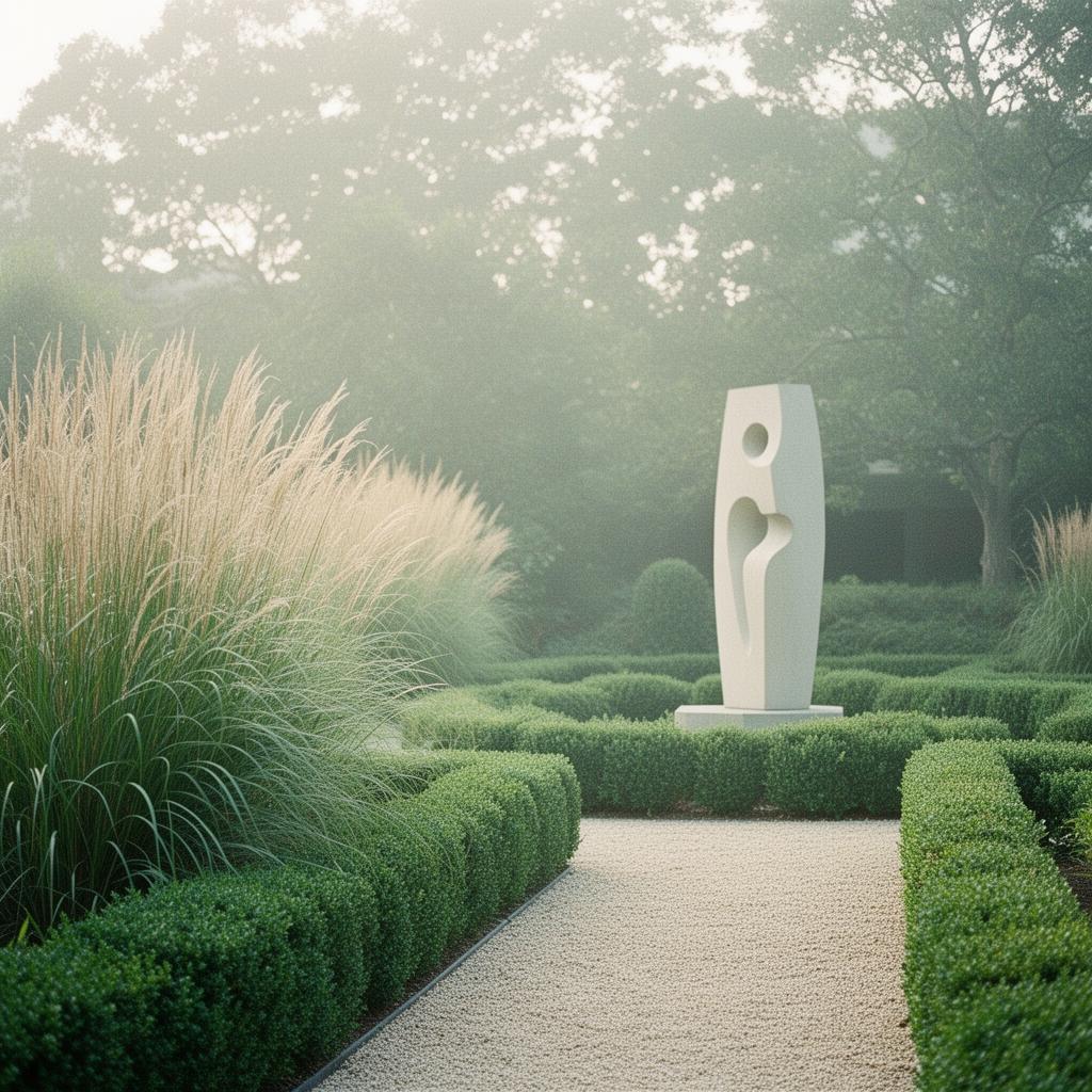 Sculpture garden with ornamental grasses, clipped boxwood and an abstract sculpture