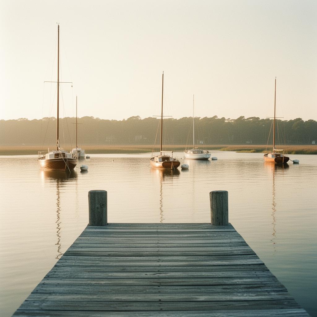 Wooden sailboats moored on calm water at golden hour with a weathered dock in the foreground