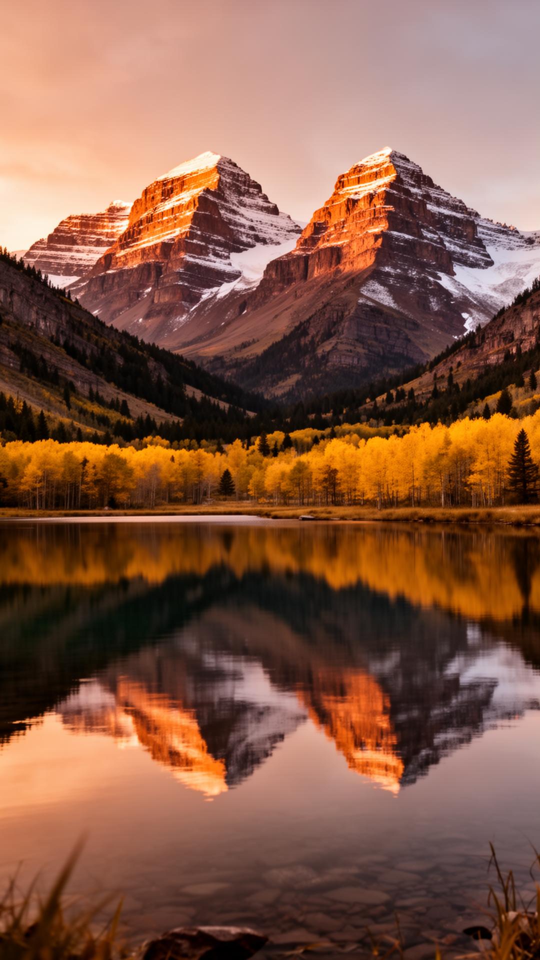 The Maroon Bells at sunrise, reflected in Maroon Lake