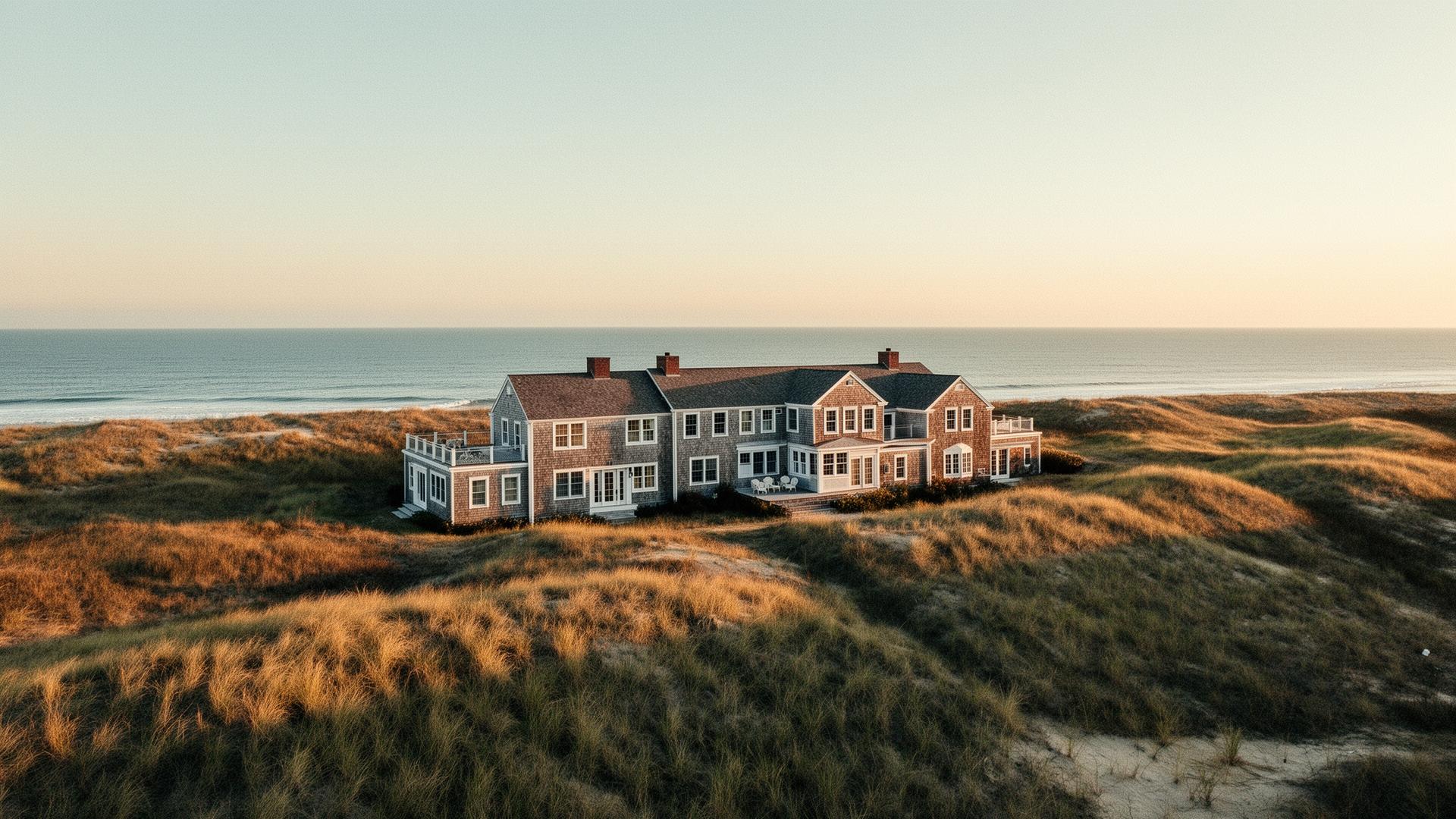 Aerial view of an East Hampton oceanfront estate at golden hour, set among the dunes above the Atlantic