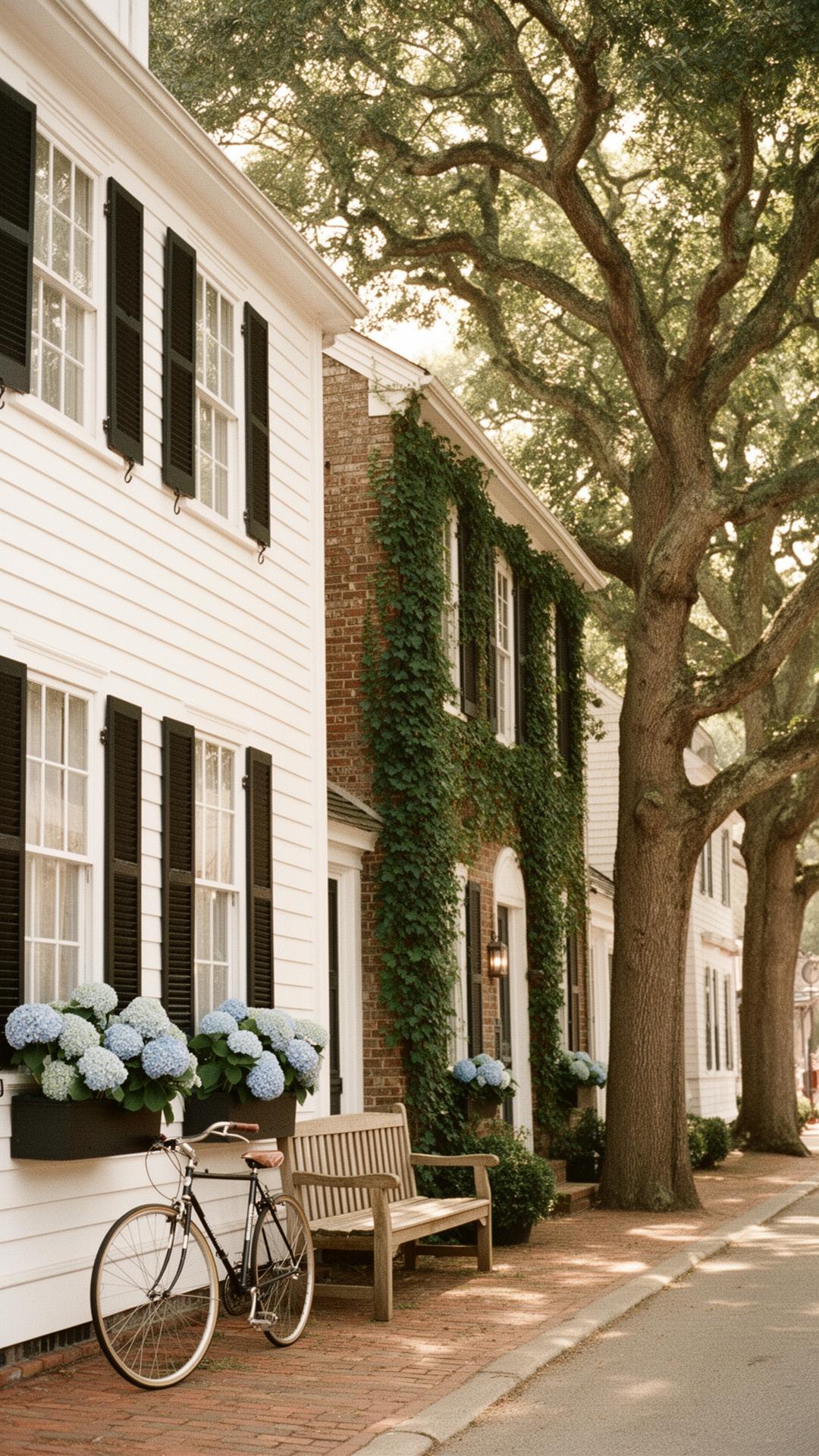 East Hampton Village — white clapboard storefronts and ivy-covered brick on Main Street