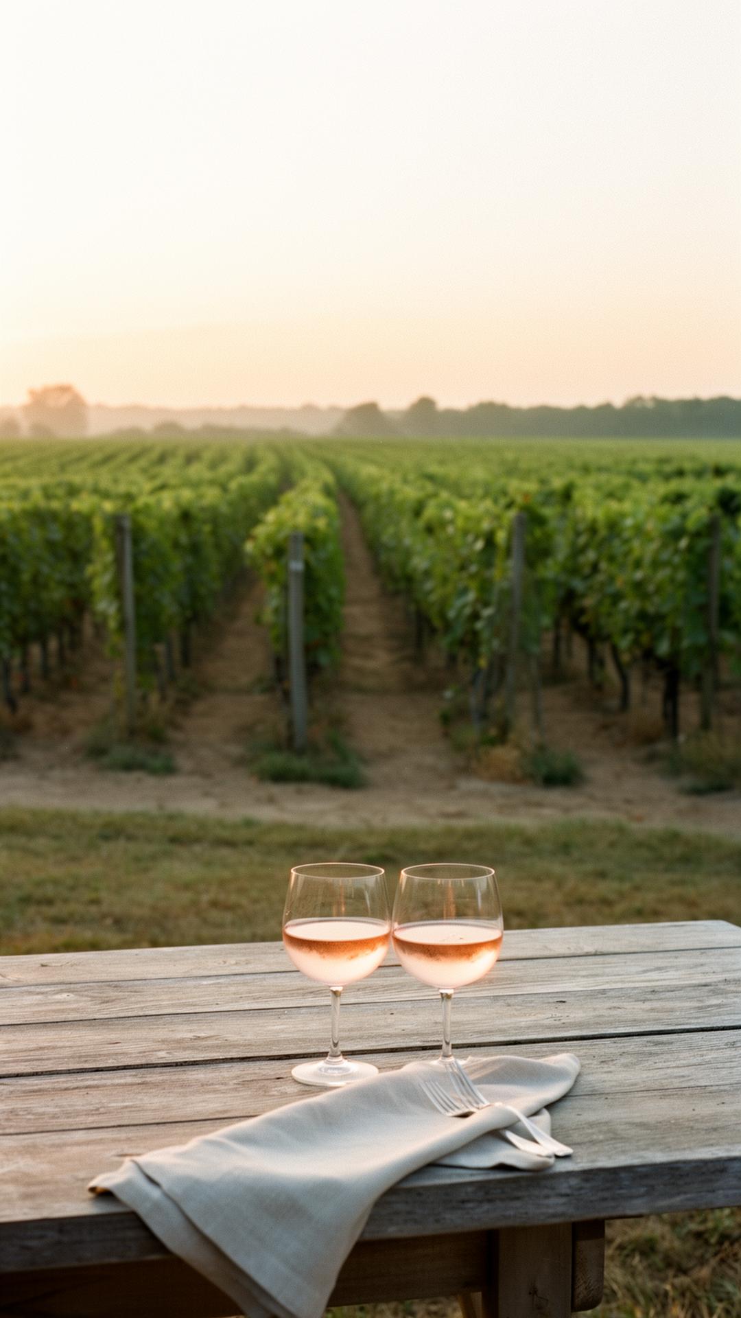 Hamptons vineyard at golden hour with two glasses of rosé on a weathered wooden table