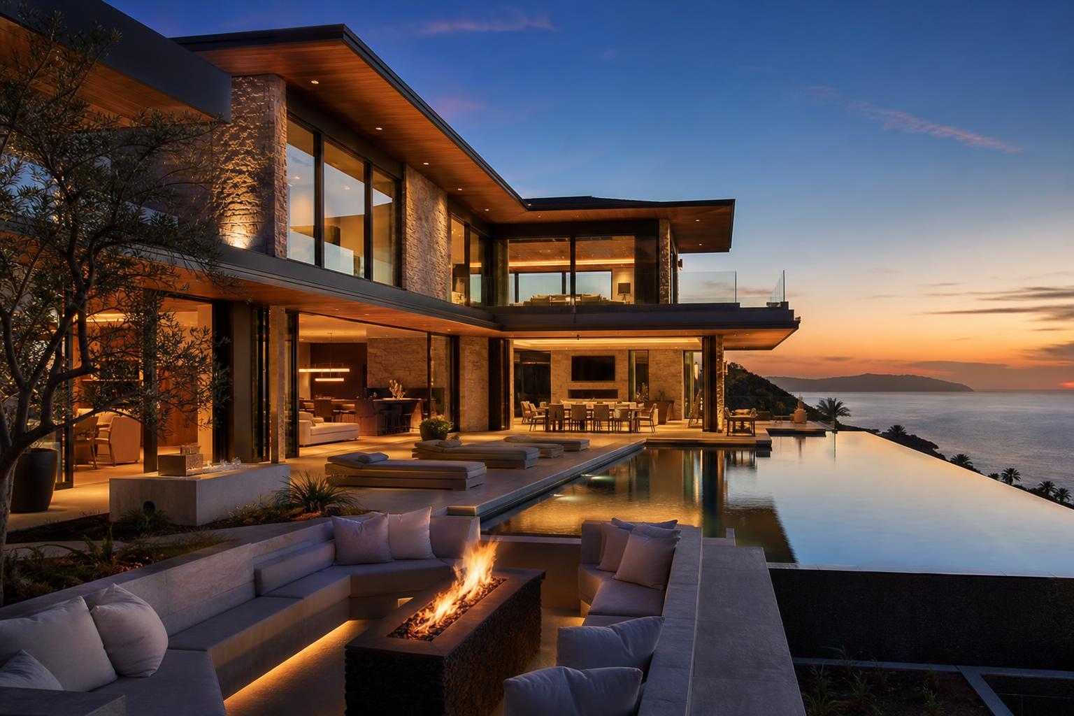Modernist luxury villa at twilight with reflecting pool