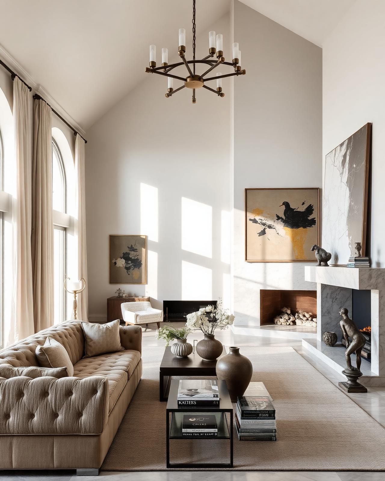 Editorial luxury villa living room with travertine fireplace