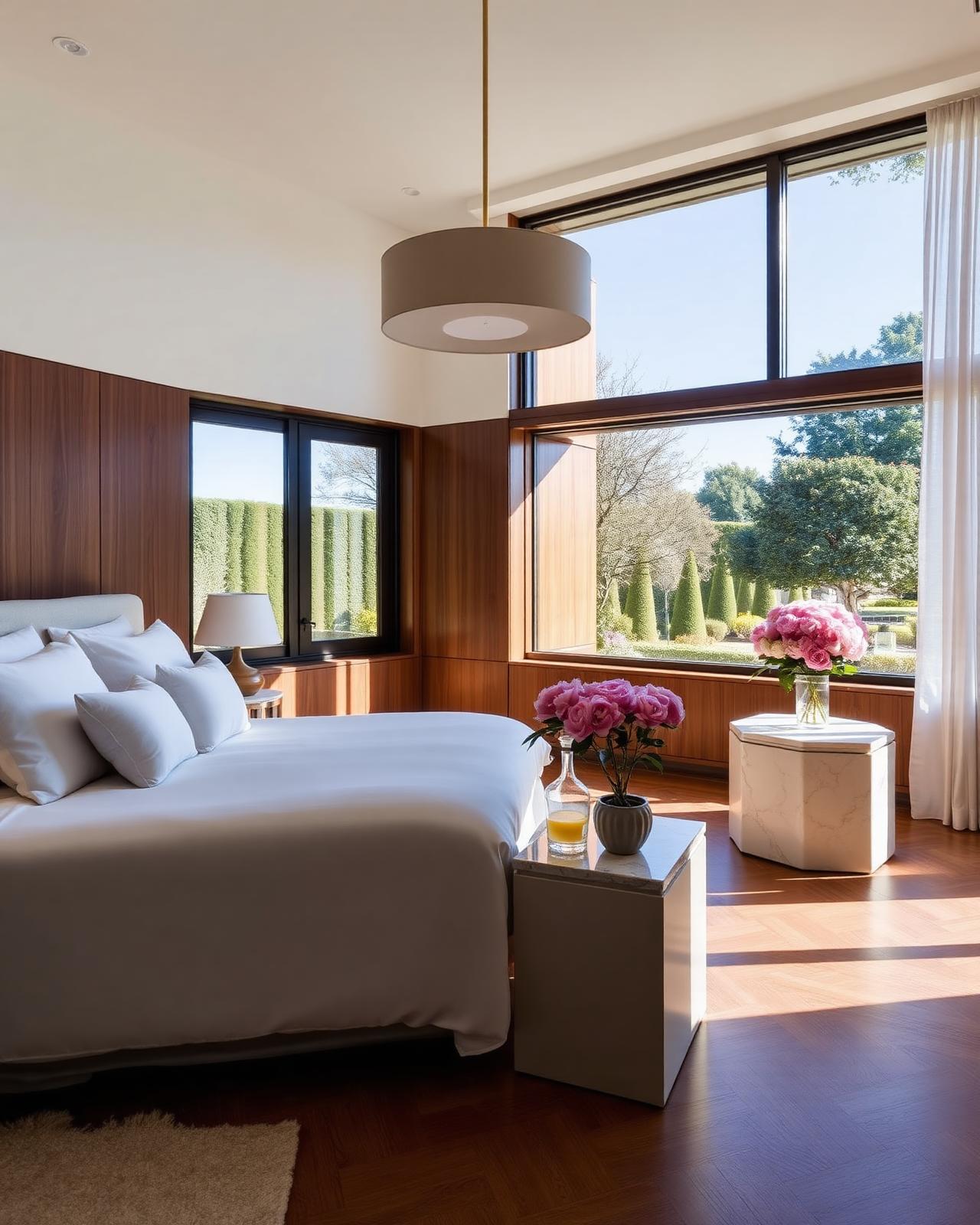 Serene luxury primary suite with garden view