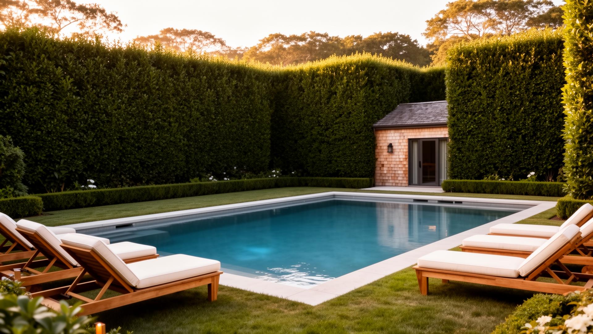 Heated pool surrounded by mature privet hedge