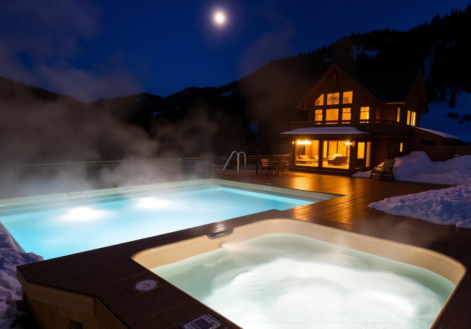Heated pool and hot tub under the Elk Mountains at night