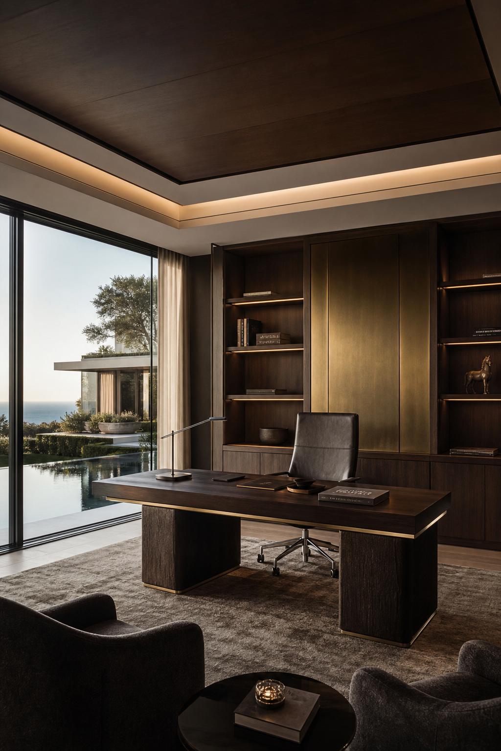 Refined private study with leather chair and oil paintings