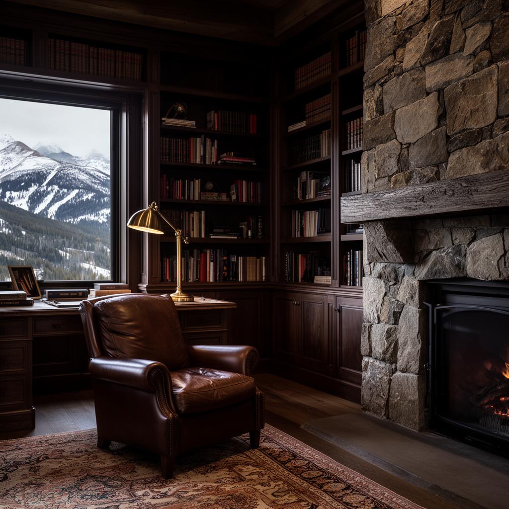 Walnut library and study with stone fireplace