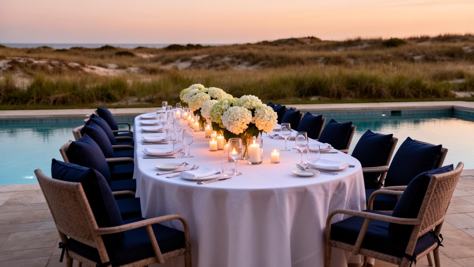 A long pool-terrace dinner table set for twelve at dusk with hydrangeas and candlelight